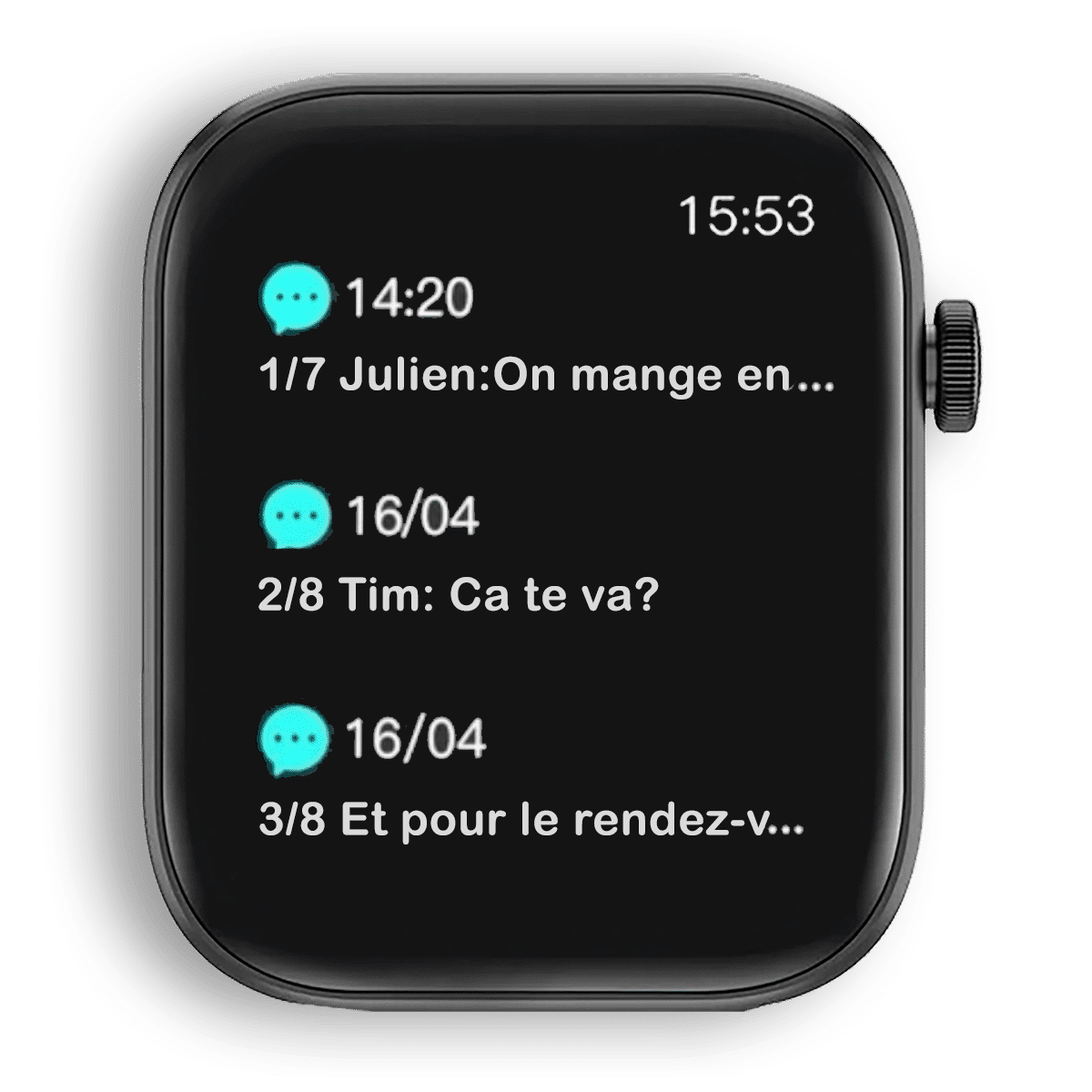 Écran de notifications de messages de la Montre Connectée OptiTrack Lite