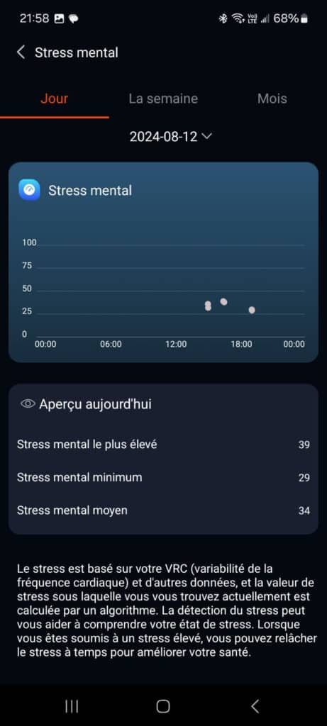 Montre connectée OptiTrack™ Runner - Écran Analyse du Stress