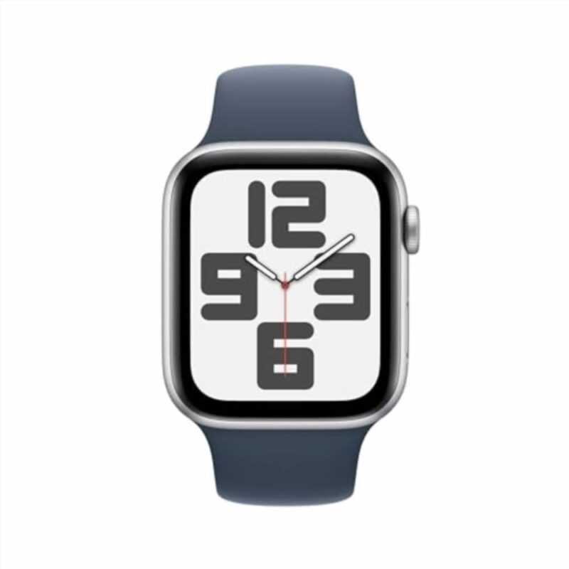 Apple Watch SE (2ᵉ génération, 2023) (44 mm GPS) Smartwatch avec boîtier en Aluminium Argent et Bracelet Sport Bleu Orage - M/L