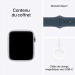 Apple Watch SE (2ᵉ génération, 2023) (44 mm GPS) Smartwatch avec boîtier en Aluminium Argent et Bracelet Sport Bleu Orage - M/L